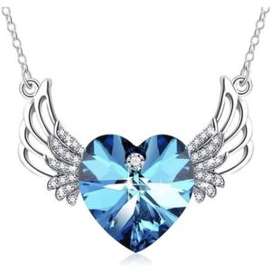 ketting dames | ketting dames met hart | ketting dames met engel vleugels | angel ketting | blauwe ketting | ketting met gedenkhanger | blauwe steen | zilverkleurig
