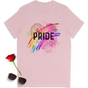 Pride t shirt - Gay pride tshirt - LGBT t-shirt - Dames tshirt met regenboog print - Heren tshirt met pride opdruk - Dames en heren T-shirt - Unisex maten: S M L XL XXL XXXL - Shirt kleuren: Wit, Roze en Sky Blue (licht blauw).