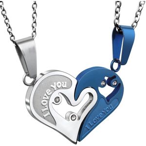 Hartjes Ketting Set voor Hem en Haar - I Love You - Zilver / Blauw kleurig - Romantisch Liefdes Cadeau - Relatie Cadeau - Koppel Cadeau - Mannen Cadeautjes - Cadeau voor Man
