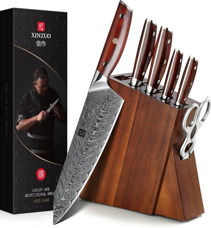 Luxe en Professionele 7-delige Keukenmessen-set van Damascus Staal (67 lagen, VG10) en Rozenhouten handgrepen - Xinzuo B27 Yi Series