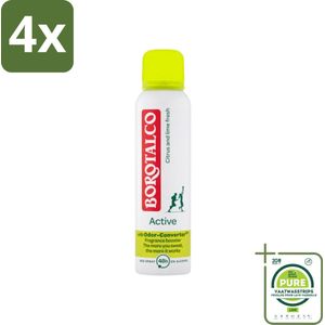 Borotalco - Deodorant Spray - Active - Citrus & Lime Fresh - 0% Alcohol - 150 ml - Voordeelverpakking - 4 stuks - Deodorant - Antitranspirant