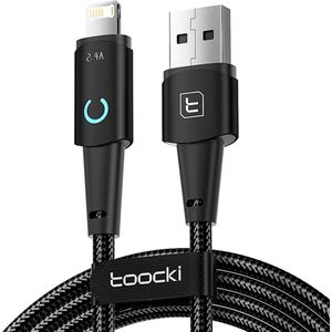 Toocki Oplaadkabel 'Fast Charging' - USB-A naar Lightning - 12Watt 2.4A Snellader - 1 Meter - voor Apple iPhone 8/X/XS/XR/11/12/13/14/SE, iPad, AirPods, Watch - Tot 2 Keer Sneller - gevlochten Nylon - LED Indicator - voor Apple Carplay - ZWART