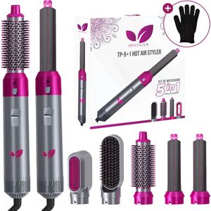 Besjaar Airstyler Krultang 5 in 1 - Multistyler Föhnborstel - 5 in 1 multi styler - Stijltang - Hairwrap - Haardroger met Borstels - Rozen Zilver met handshoenen - Nieuwe Versie 2025