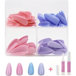 Nepnagels met Lijm Set 96 stuks - Nepnagels Roze Set - Nep Nagels Blauw Set - Gekleurd - Set Compleet - Plaknagels - High Gloss- Kunstnagelset 4 kleuren - Lang - Almond Shape - Press on Nails - Inclusief Nagellijm