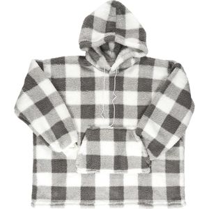 Knusse Oversized Hoodie Deken - Zachte Fleece Blanket met Capuchon - Warme Comfy Sweater - Geruit Design - Perfect voor Thuis - Grijs/Wit