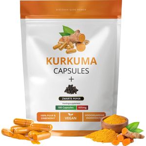 Kurkuma Capsules 180 Stuks | 1210 mg per Dag | Vegetarisch | Hoogwaardige Pure Kurkuma Capsules met Zwarte Peper | Turmeric | Curcuma Longa | Zonder Gelatine