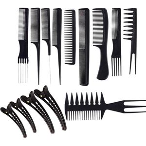 Haarstylingkammen set - Kapperskam en haarklemmen - 14 stuks - Zwart