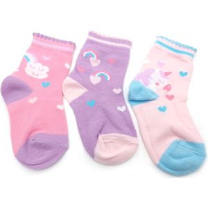 Kindersokken meisjes 3 paar pastelkleuren unicorn regenboog en hartjes roze en paars maat 15-18