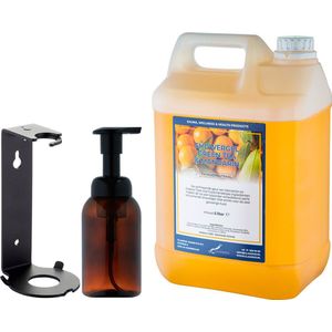 Zeepdispenser 300 ml amber bruin hervulbaar + 5 liter Showergel Green Tea & Mandarin navulling (inclusief beugel)