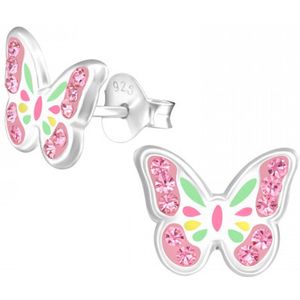 Oorbellen meisje zilver | Zilveren oorstekers, gekleurde vlinder met roze kristallen