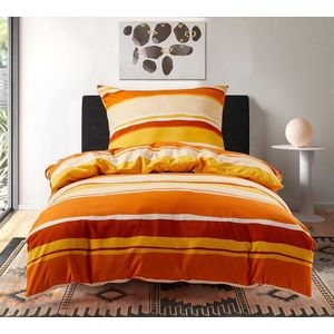 Beddengoed, 135 x 200 cm, 2-delige set, extra zachte beddengoedsets voor eenpersoonsbed, hoogwaardige microvezel dekbedovertrek met kussensloop 80 x 80 cm, gele oranje strepen