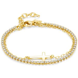 Twice As Nice Armband in goudkleurig edelstaal, dubbele ketting, kruisje, witte kristallen 15 cm+3 cm
