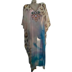Kaftan half transparant kaftan grote maten met steentjes 40/L 128/105cm One size 42-54 roze/geel/blauw