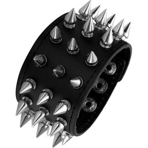 Brede leren armband met metalen pinnen - zwart, verstelbaar (uniseks)