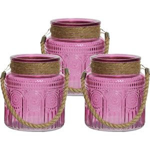 Lumineo windlichten/lantaarns relief - 3x - glas - D14 x H16 cm - roze