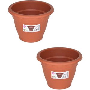 Set van 2x stuks terra cotta kleur ronde plantenpot/bloempot kunststof diameter 14 cm - Plantenbakken/bloembakken voor buiten