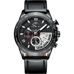 CRRJU Horloge - Zwart - Heren - Analoog - Ø45mm - Kunstleer - Datumaanduiding - Stopwatch