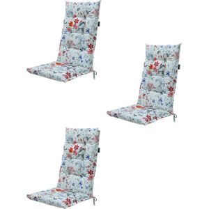 Madison tuinkussens - 3 stuks - Hoge Rug- Milly Indigo - 123x50cm - tuinstoelkussens - Wit - Blauw- Gebloemd - Met Lint -Extra Dik - Outdoor