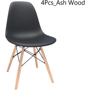 Eetkamerstoel - Shell Chair - Essenhouten Bijzetstoel - Poten met Metaal - Kunststof Stoelen voor Woonkamer Keuken - 4 Stuks Zwart