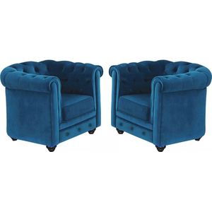 Vente-unique Set van 2 fauteuils CHESTERFIELD - velours - groenblauw