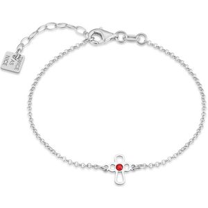 Twice As Nice Armband in zilver, afgerond kruis, 1 rood kristal 15 cm+3 cm