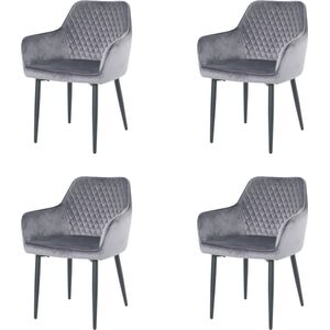 Nuvolix velvet eetkamerstoelen met armleuning set van 4 ""Barcelona"" - stoel met armleuningen - eetkamerstoel - velvet stoel - grijs