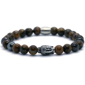 IbizaMen - heren armband - tijgeroog 8mm - Hematiet - RVS buddha