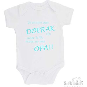 100% katoenen Romper ""Ik wil echt geen Doerak zijn maar ik lijk teveel op opa!!"" Unisex Katoen Wit/aquablauw Maat 68/74
