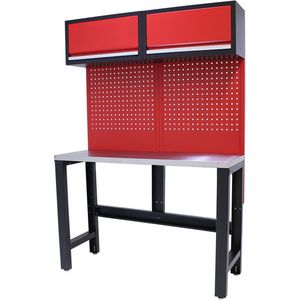 Kraftmeister werkbank 136 cm - Werktafel met gereedschapswand, 2 opbergkasten en RVS werkblad - Rood
