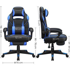 bureaustoel met voetsteun, ergonomisch design,Zwart + blauw verstelbare hoofdsteun, lendensteun, tot 150 kg belastbaar