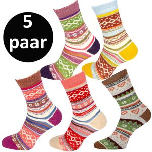 Teckel - 5 paar - Warme Wollen Winter Sokken - Noorse print - Maat 36/42 - Dames - Geel/Beige/L.Paars/D.Paars/Bruin - Cadeau tip tijdens feestdagen