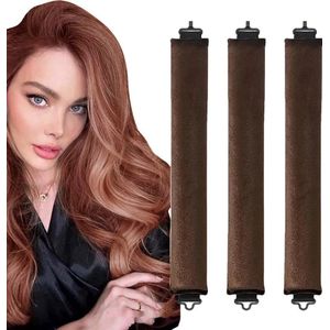 Daity 3 donkerbruine krultangen zonder warmte, gloednieuwe krultangen voor krullen 's nachts, geen warmte nodig, doe-het-zelf krullen 's nachts, rubberen krultangen zonder warmte voor halflang en lang haar