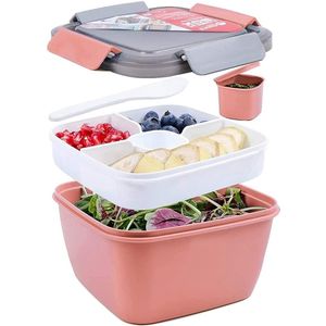 Saladecontainer, lunchcontainer, bento box voor lunch, 3 vakken voor salade en snacks, slakom met dressingcontainer, lekvrij, magnetronbestendig, 1500 ml, donker (roze)