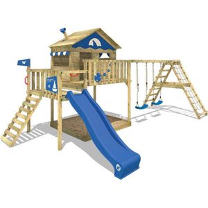 WICKEY speeltoestel klimtoestel Smart Ocean met schommel & blauwe glijbaan, outdoor klimtoren voor kinderen met zandbak, ladder & speelaccessoires voor de tuin