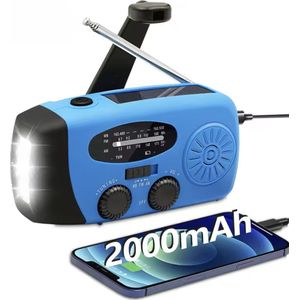 Blauwe Noodradio, Opwindbaar, Zonnepaneel, met krachtige zaklamp en batterij voor gsm op te laden. FM/AM/WB