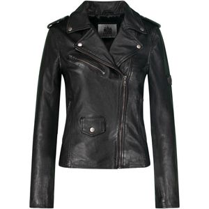 Urban 5884® - Amy - Perfecto Dames Jas - Zilveren Schuine  Rits – Zwart -  Lams Leer – Maat S