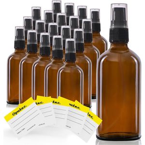 Oputec 20 x 100ml pompflessen – bruine glazen crèmespender & lotionspender – navulbaar & herbruikbaar – met etiketten – dicht & reisvriendelijk