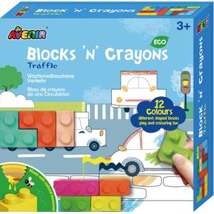 Avenir Blocks 'N Crayons: VOERTUIGEN, 12 kleuren en 3 blokvormen, 3  kleurplaten, in bijenwas (10%), in doos, 3+