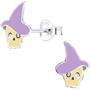 Joy|S - Zilveren halloween oorbellen - heks skull met paarse hoed