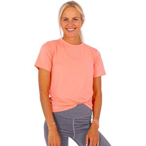 GOFLUO - Sporttop Dames Emma - Tshirt - Korte mouwen - Reflecterende quote - Ademende stof - Sportk - XS - Coral
