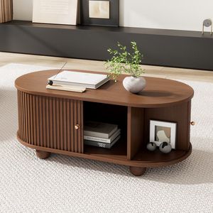 Pugsdrly 100 * 50 * 40 cm Salontafel in notenhout met opbergruimte en schuifdeuren Multifunctioneel, ruimtebesparend meubel in houtkleuren, salontafel met 360 graden schuifdeur, salontafel met 4 poten