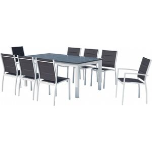Concept-U - Uitbreidbare tuintafel en 8 aluminium stoelen/wit textilene AREZZO