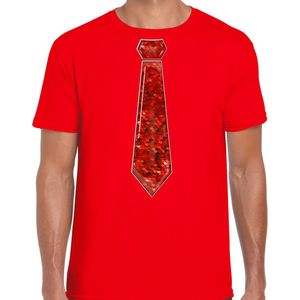 Bellatio Decorations Verkleed shirt heren - stropdas pailletten rood - rood - carnaval - foute party S