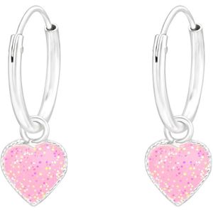 Joy|S - Zilveren hartje oorbellen - roze glitter - oorringen