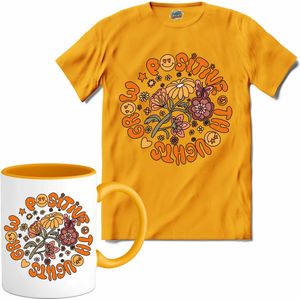 Flower Power - Grow Positive Thoughts - Vintage Aesthetic - T-Shirt met mok - Meisjes - Geel - Maat 12 jaar