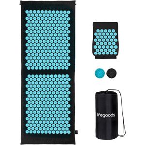 LifeGoods Acupressuur Mat XL - 128x48x2cm - Spijkermat met Kussen - Shakti mat - Spijkerbed Incl. 2x Triggerpoint Bal - Zwart/Turquoise