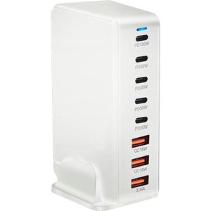 DrPhone GaNForce - 268W - 8 Poort Laadstation – Desktop Oplader – Laptop / Tablet / Smartphone - 1x PD 100W USB-C Poort – 4x 30W Type C Poorten – 3x 18W USB Poorten - Voor o.a. Macbook / iPad /iPhone - Wit