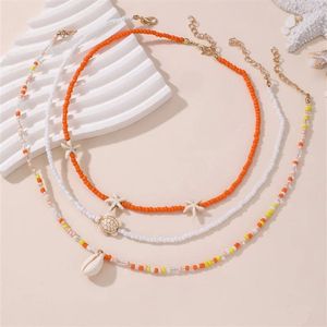 Sorprese Ketting Dames - Mare - Sunset Coral - 3-Laags Kralenketting - Oranje/Wit/Goud - Schelp & Schildpad Hanger - Zomers & Trendy - Model V