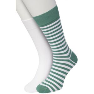 Bonnie Doon Sokken Set Gestreept en Effen voor Heren Groen/Wit maat 40/46 - Set met 2 paar Sokken - Strepen - Katoenen Sok - Gladde Naden - Brede Boord - Perfecte Pasvorm - 2-pack - Multipack - White - Misty Green - OL0121012.504