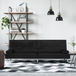 The Living Store Slaapbank - Kunstleer - Verstelbare rugleuning - Comfortabele zitting - Inklapbare theetafel - USB-poorten - Stabiel frame - Zwart